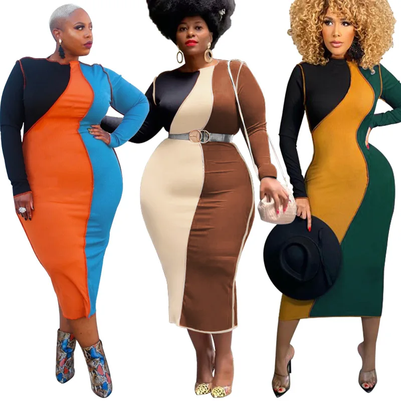 

Женские платья больших размеров, весна 2022, модные облегающие юбки контрастных цветов, повседневные платья для вечеринок