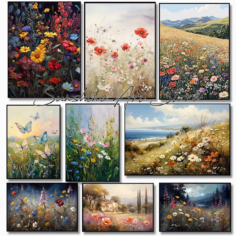 Meadow Wildflowers Vintage Oil Painting Colorful Wildflowers Botanic Ground Art Poster Canvas Painting Wall Pictures Home Decor