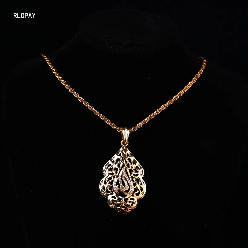 Arabic Royal Allah Pendant Gold Color Long Chain Necklace Pendant  Women Crystal Pendant Mulism Bridal Jewelry Pendants