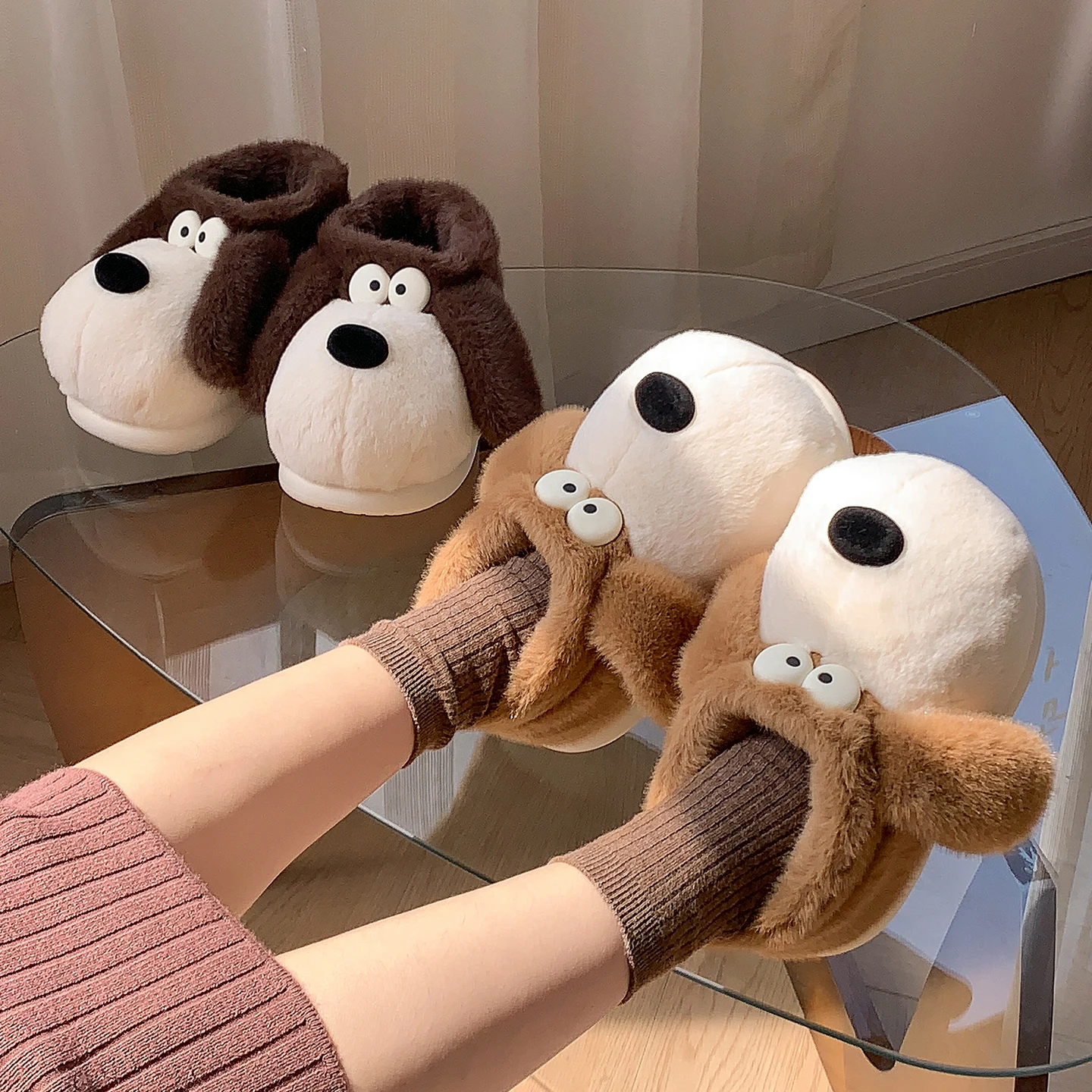 Koreanischer Stil, niedliche Welpen-Hausschuhe aus Plüsch, Damen, Winter, warm, mit weicher Sohle, für drinnen, flauschig, rutschfest, Hausschuhe. – Detail 19