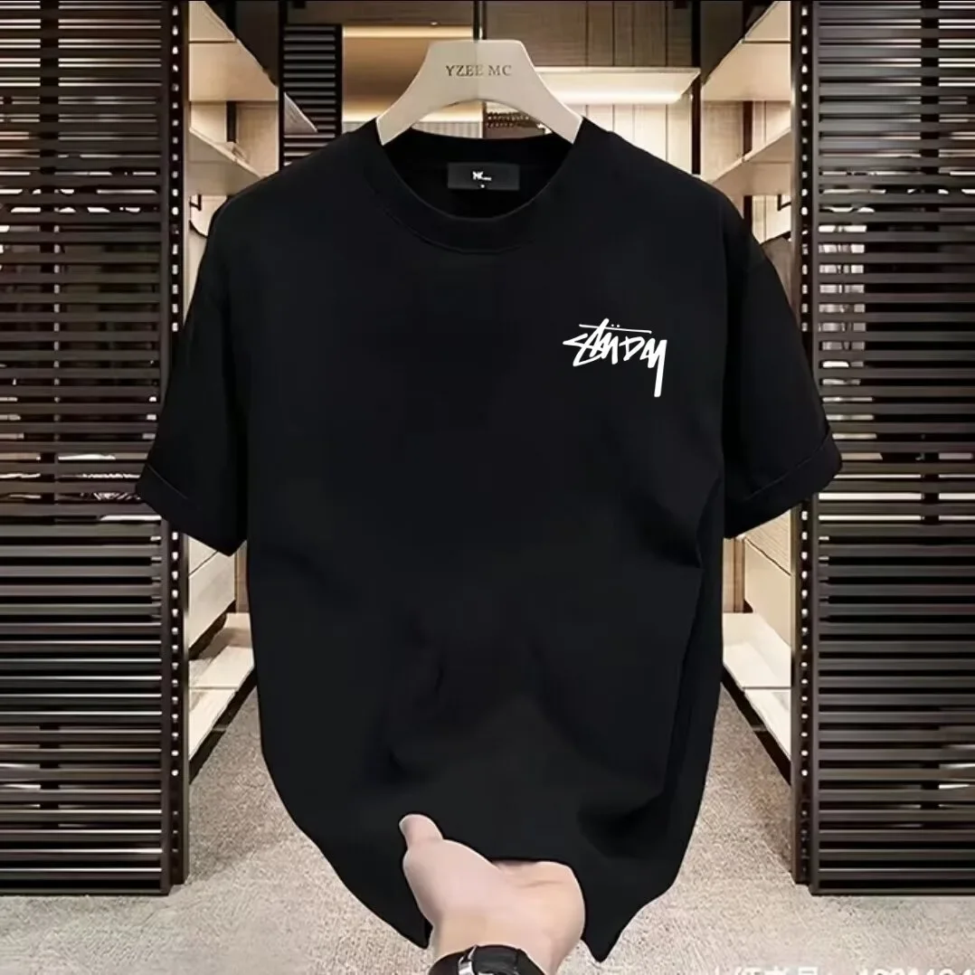 2024 جديد الصيف الرجال تي شيرتات قصيرة الاكمام عادية فضفاضة تناسب هونغ كونغ نمط العلامة التجارية العصرية Ins نمط الحياة نصف كم #4