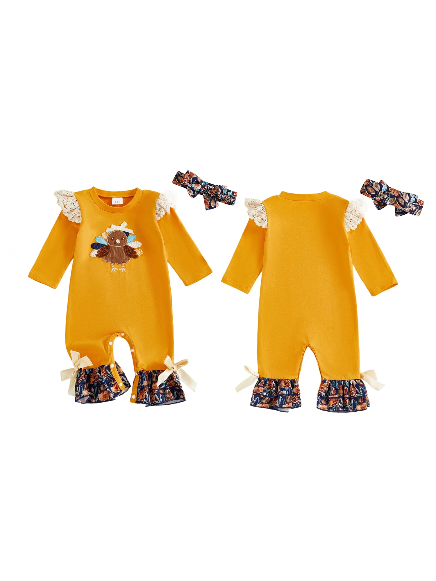 เด็กวัยหัดเดินชุดฤดูใบไม้ร่วงชุดรอมเปอร์พิมพ์ลายดอกไม้น่ารักพร้อมที่คาดผมโบว์ฤดูใบไม้ร่วงชุดวันขอบคุณพระเจ้าสำหรับเด็กผู้หญิง