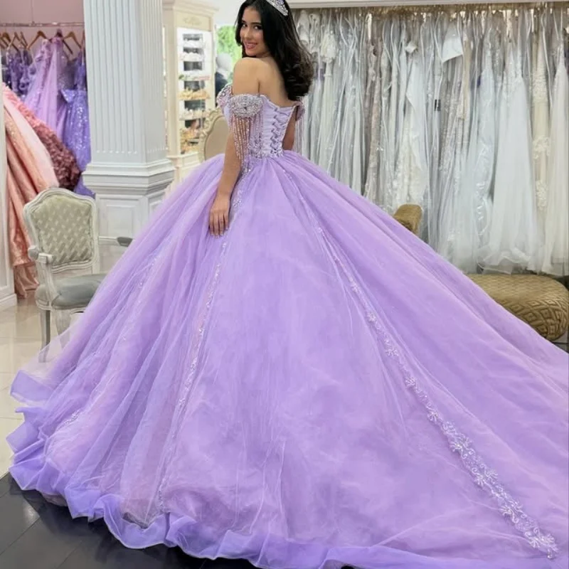Vestidos de quinceañera morados personalizados con hombros descubiertos, apliques de lentejuelas, flor de encaje, Vestido de cola larga 15 para quinceañeras