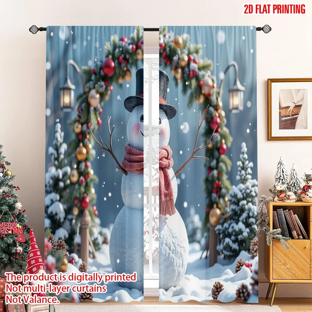 

2pcs 2D flat printing Merry Christmas Window Curtains Christmas Snowman Festive Winter Holiday Polyester Without Electricity