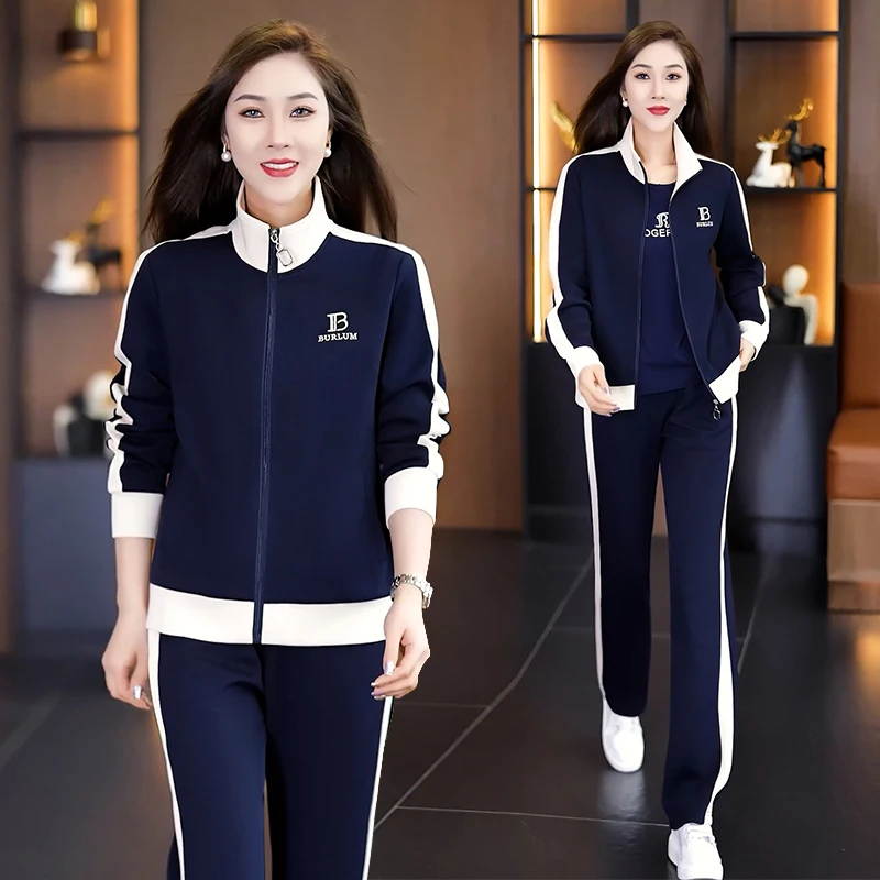 

Свободный повседневный спортивный костюм-двойка для женщин среднего возраста: весенний модный комплект с длинными рукавами и застежкой-молнией