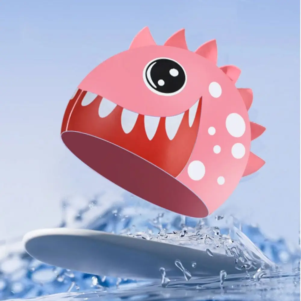 قبعة سباحة للأطفال من Shark، قبعة سباحة من السيليكون المقاوم للماء على شكل حيوانات كرتونية لحماية الأذن، قبعة سباحة مطبوعة بشعر طويل