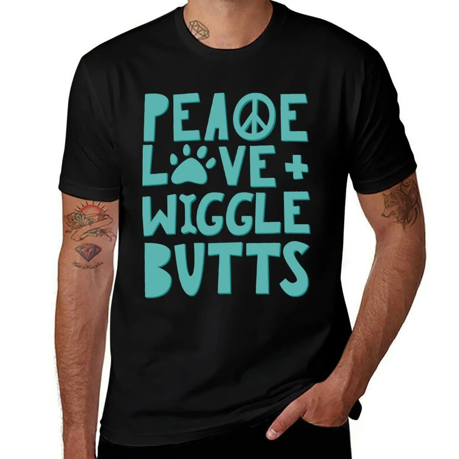 

man T-Shirt man shirts designer plain Butts Animal t t t Peace, shirts Love, 100% Lover + Wiggle shirt cotton Turquoise