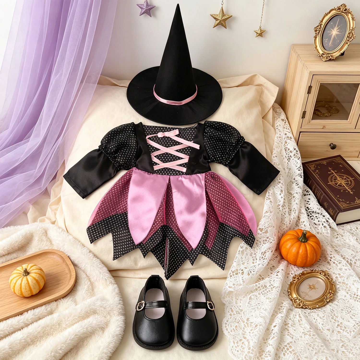 Cute Halloween Witch Doll Outfit Black & Pink Mesh Skirt Dress + Witch Hat + Black Shoes For 18'' American & OG Girl Dolls Toy