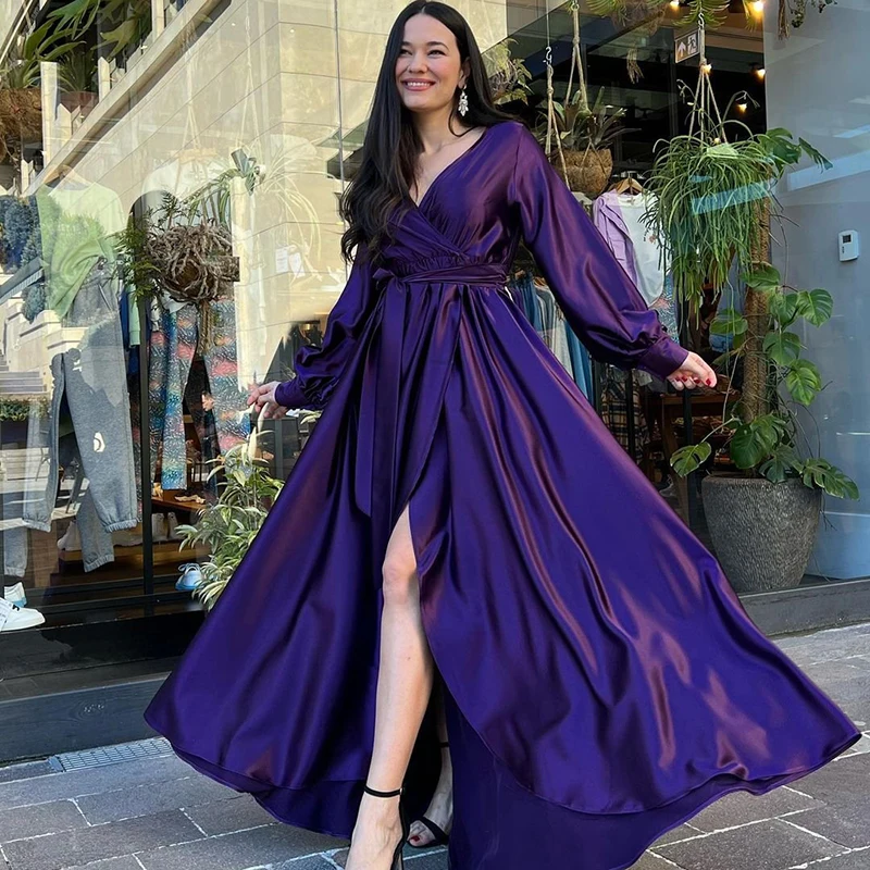 

Thinyfull Sexy Prom Evening Dresses 2022 V-Neck Long Sleeve Party Dress Purple Floor Length Saudi Arabia Cocktail Gown Plus Size