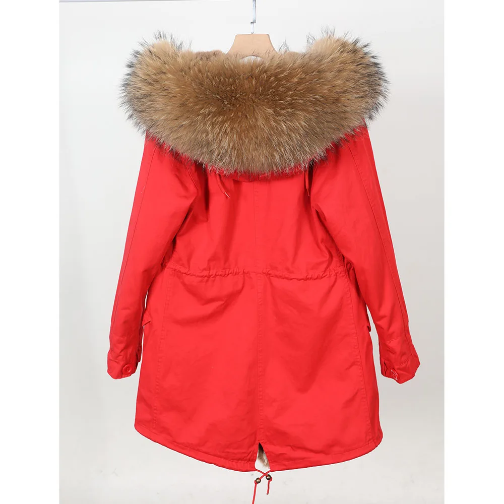MAOMAOKONG Real Raccoon Fur Collar Winter Women's clothing Removable Fur Lining Thickened Red Jacket Long Parkas