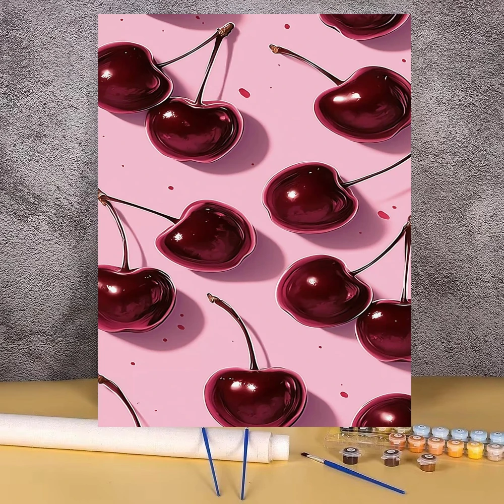 Glossy Red Cherries Still life Oil Painting By Numbers Modern Wall Decor Canvas Art for Living Room Bedroom Gift No Frame