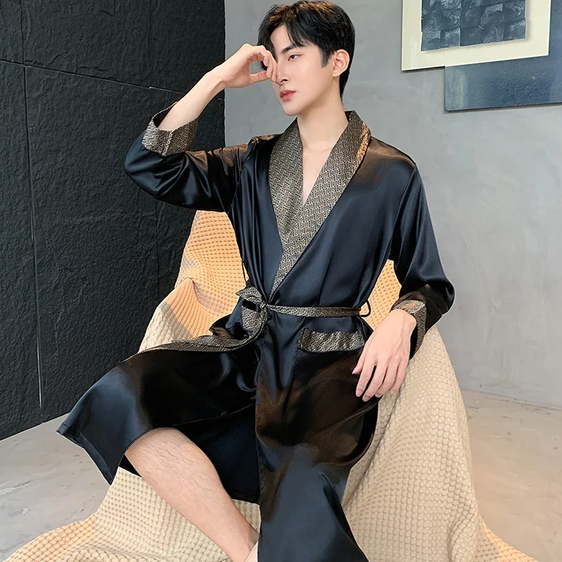 2025 Autumn Winter Men Robe Ice Silk Pajamas Luxury Soft Long Sleeve Bathrobe Bathwear Causal Nightgown Homewear 1piece Set