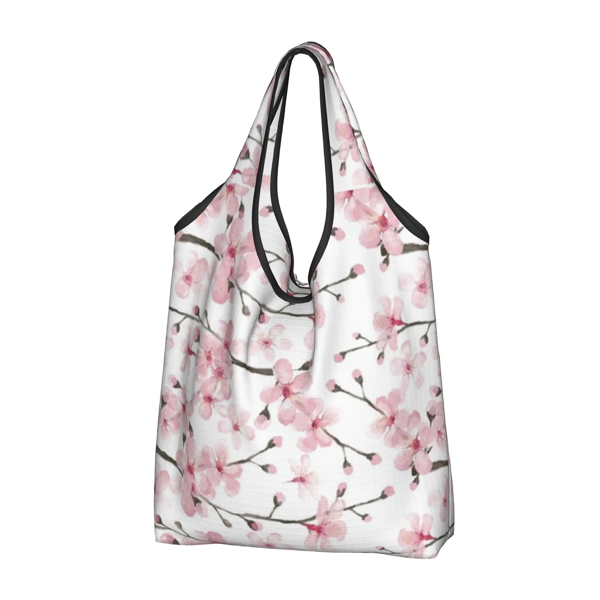 Recycling Japanese Cherry Blossom Shopping Bag Women Tote Bag Portable Sakura Flowers Floral Grocery Shopper Bags