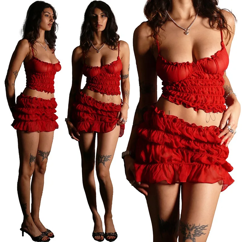 

SKMY Two Piece Strapless Backless Solid Color Patchwork Pleated Ultra Short Skirt Set, Red Sexy