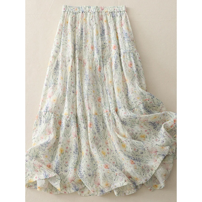 

100% Cotton Women' Skirt 2026 Spring Elastic Waist Irregular Double-layer Skirts Fresh Floral Print Good-looking Woman Clothes