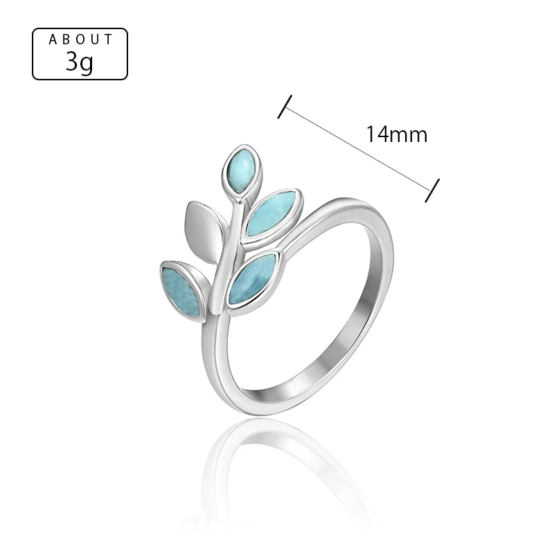 Fashion Natural Precious Stone Larimar 925 Sterling Silver Ring Olive Tree Branch Leaves Ring for Women Charms Jewelry