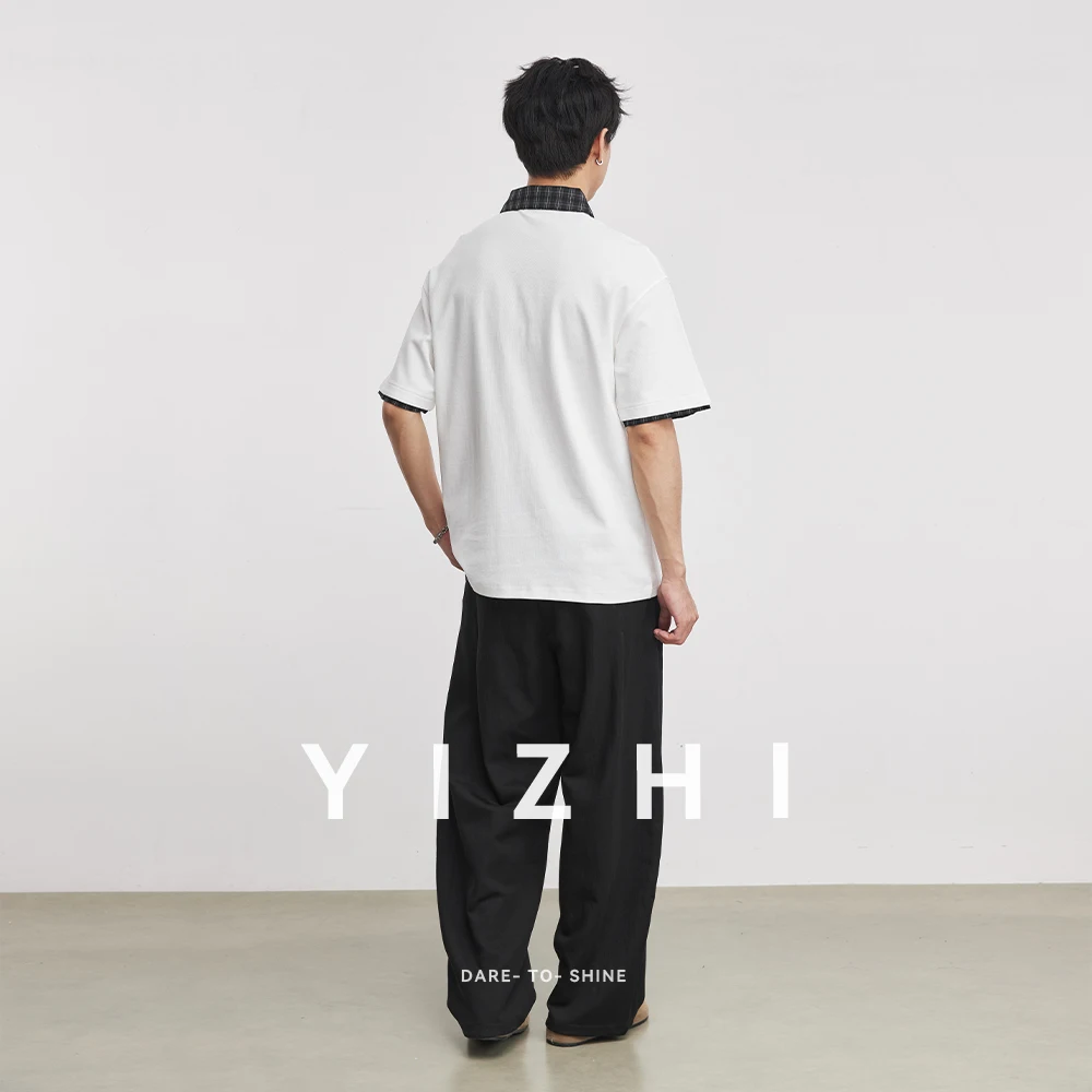 Men's Plaid Patchwork Polo Shirt 2026 Summer Heavyweight 210g Lapel Loose Color-Block Versatile Trendy Short Sleeve T-Shirt