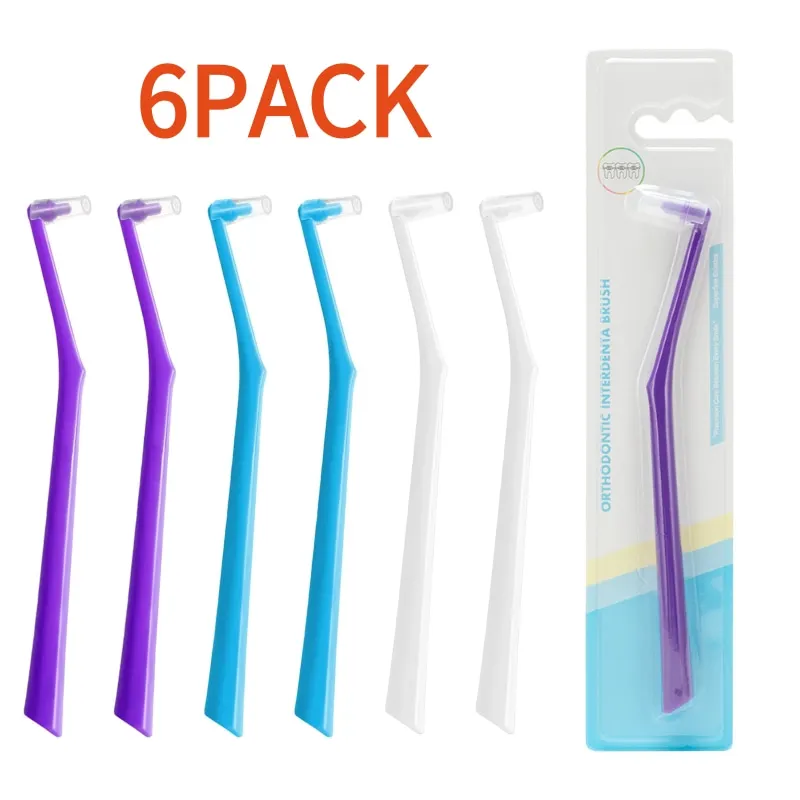 6 Pack Angled End-Tuft Toothbrushes with Covers for Orthodontic Wisdom Teeth Care, Small Head Single Tuft Dental Brush