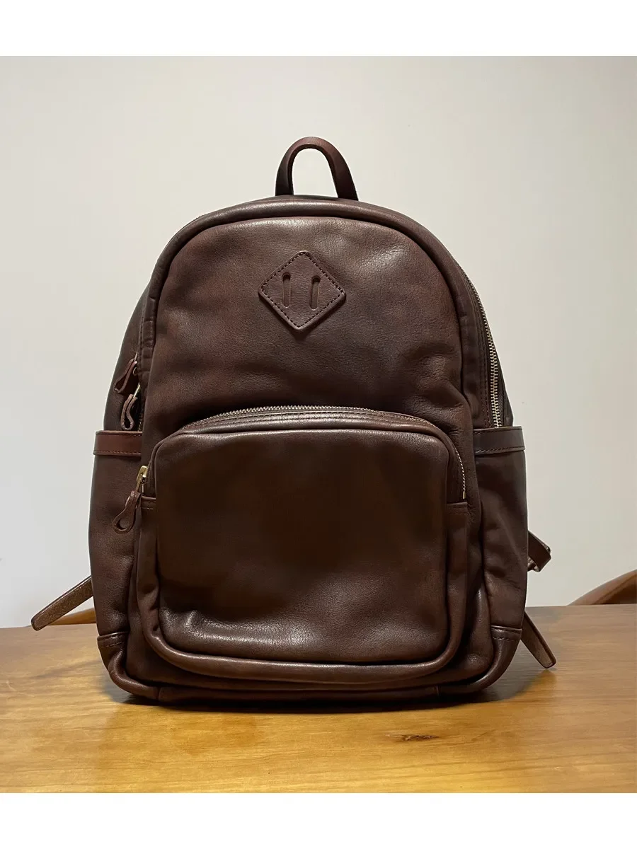 Heavy industry old handmade thick first layer cowhide men's genuine leather vegetable tanned leather travel backpack