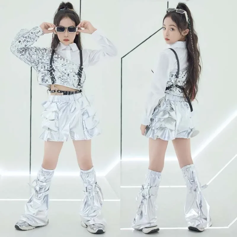 

Children Hip Hop Fashion Clothes Girls Jazz Dance Performance Outfit Kpop Street Wear Kids Sequin Top Silver Shorts Summer