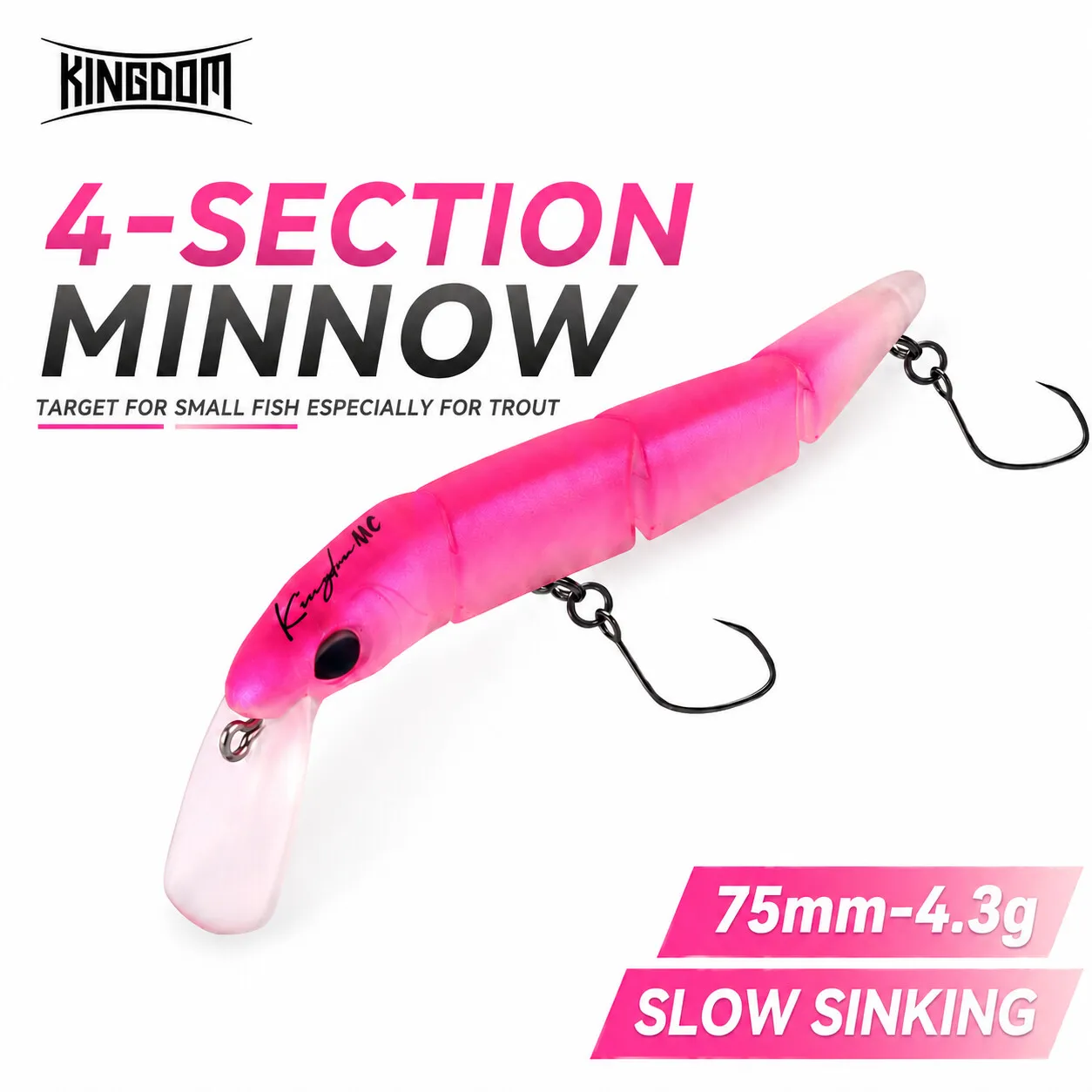 Kingdom Jointed Angelköder, 70 mm, 4,3 g, sinkender 4-teiliger Minnow-Köder, Einzelhaken, Wobber, Forelle, Bach, Süßwasser-Kunstköder