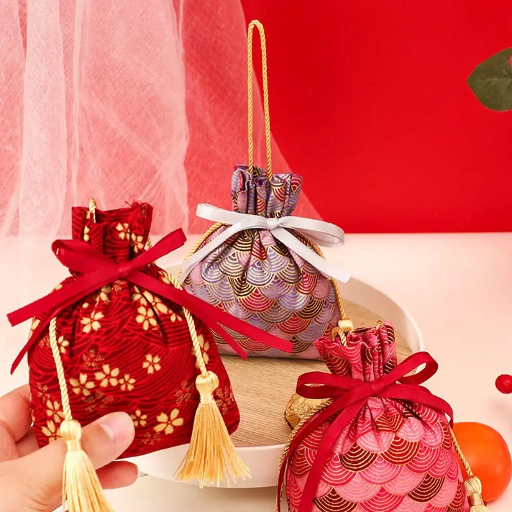 Sakura Floral Canvas Flower Drawstring Bag Stripe Satin Bow Festive Sugar Bag Jewerly Packing Bag Lucky Cat Ribbon Bow Wrist Bag