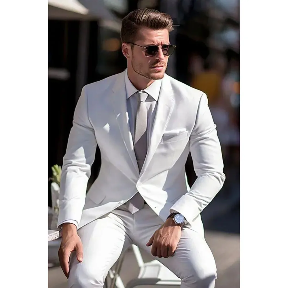 Formal White Men Suits Elegant Groom Full Set Single Breasted Notch Lapel Chic Wedding Party 2 Piece Jacket Pants Costume Homme