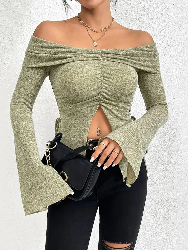 Spicy Girl's Solid Knitted Top Women Spring Autumn Pleated Off Shoulder Collar Slim Fit Long Flare Sleeve Pullover Forked Top