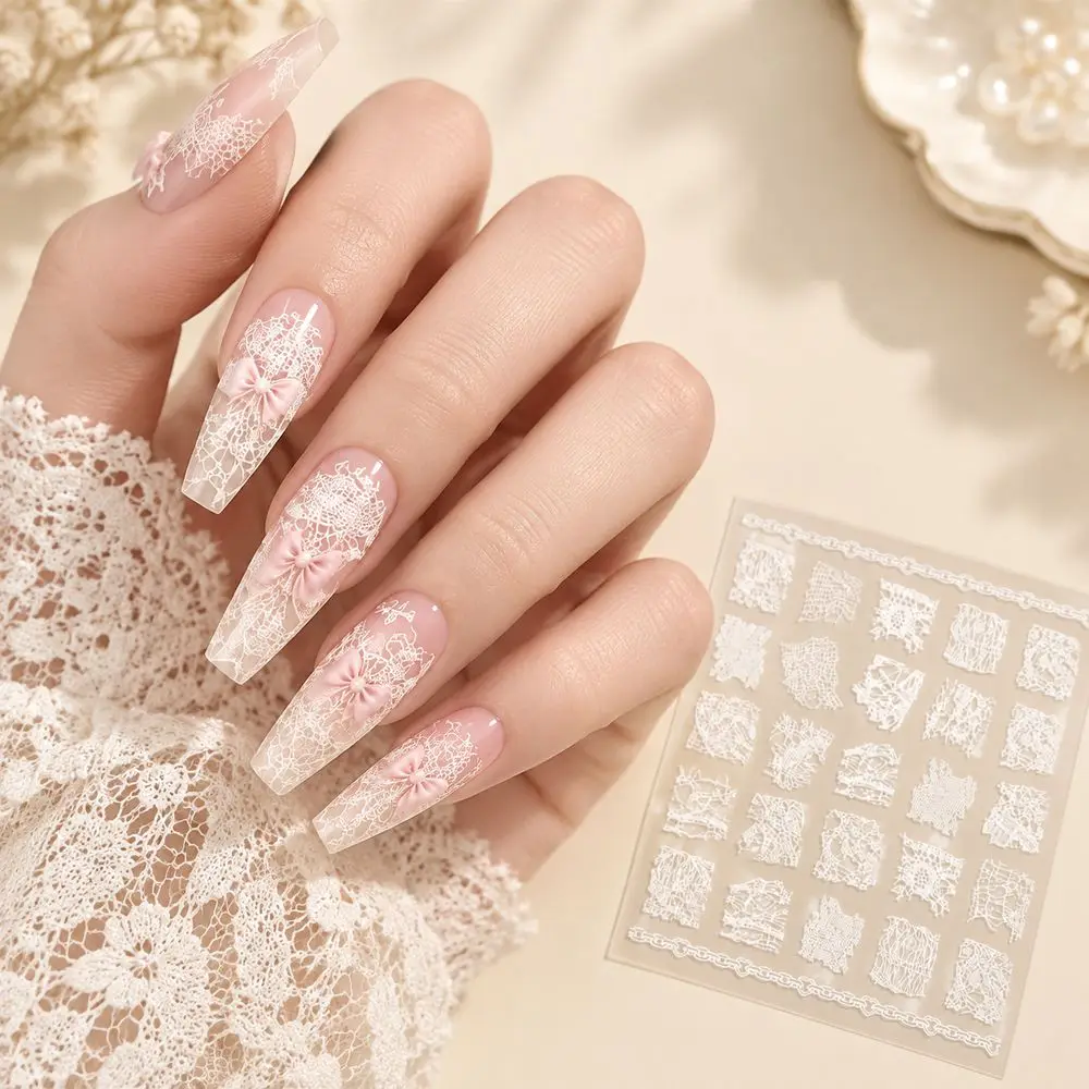 1Pc Japanese Style 5D Lace Nail Stickers White Delicate Embossed Nail Decals Self-Adhesive for Kawaii DIY Manicure Decor