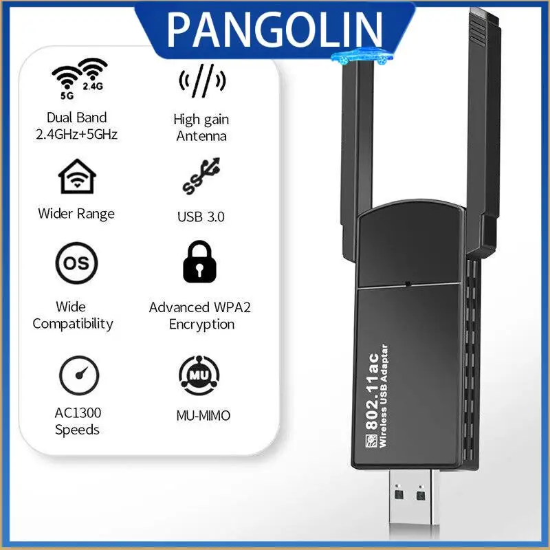 

Высокоскоростной беспроводной адаптер Wi-Fi PANGOLIN USB 3.0 с двухдиапазонными внешними антеннами дальнего действия 1300 Мбит/с для ПК и Mac