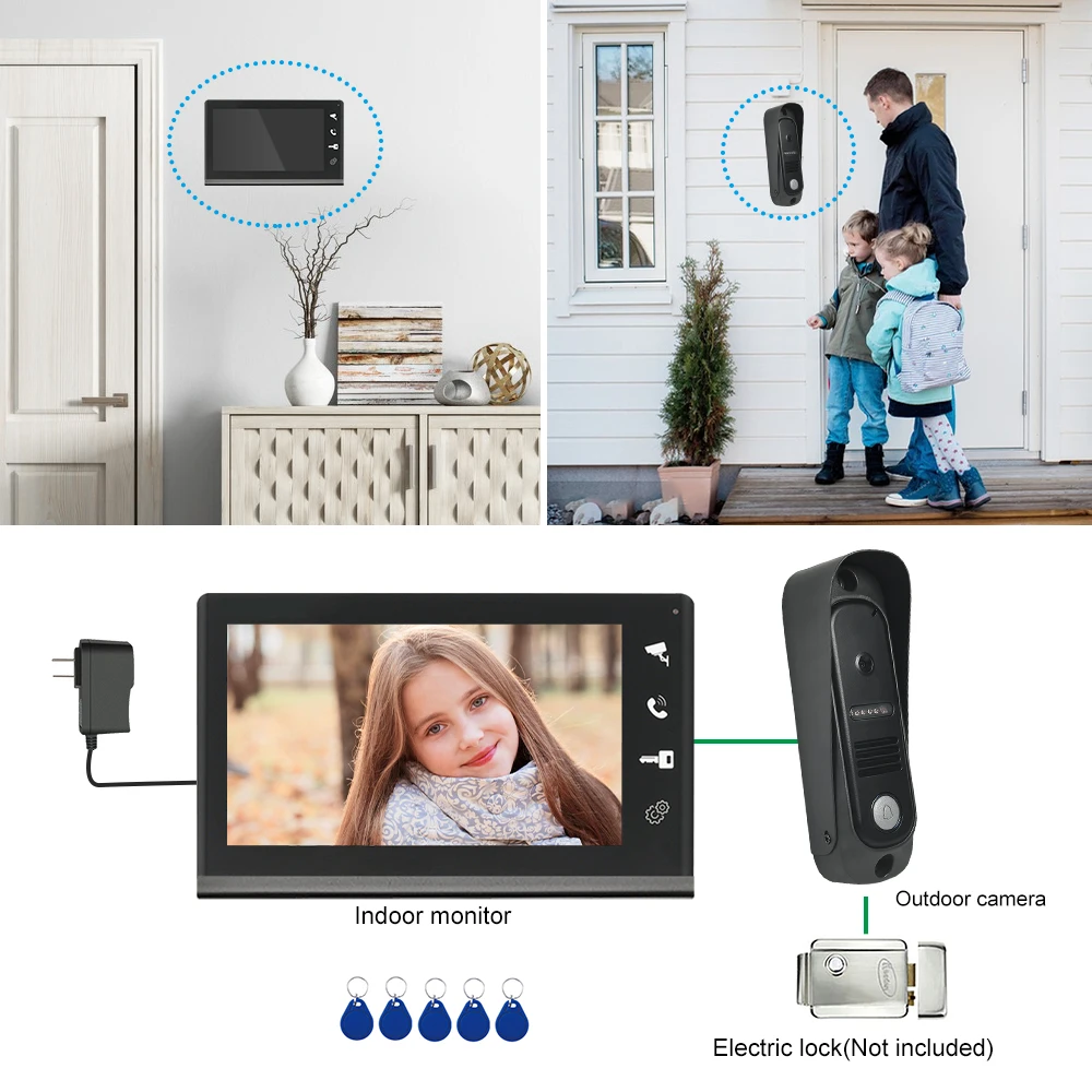 4 Wired Video Doorphone RFID Unlock Video Intercom Camera Doorbell with 7 Inch Screen Night Vision Home Door Entry for Villa