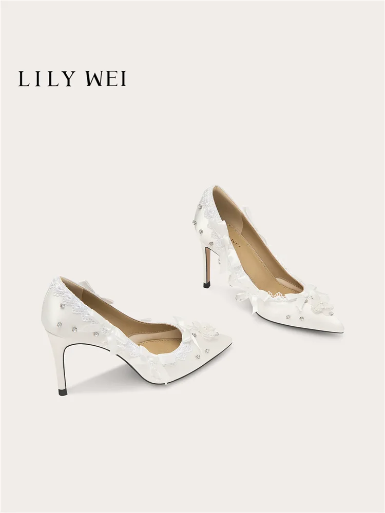 Spring pointed shallow mouth rhinestone lace bow silk wedding shoes banquet large size small size widened high heels women shoes