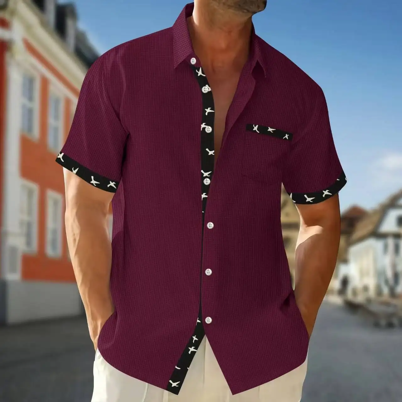 

Men's Casual Waffle Fabric Short Sleeve Shirt with Pocket Floral Print Summer Independent Station Cross-Border Business Shirt
