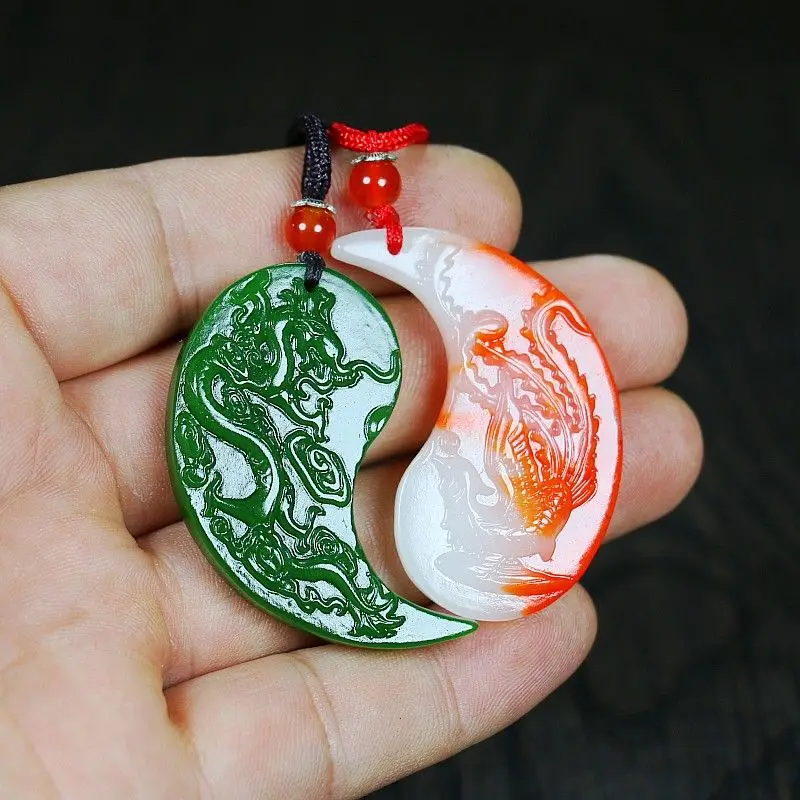 

Spinach Green Dragon and Phoenix Pair Couple Pendant Crescent Moon Dragon and Phoenix