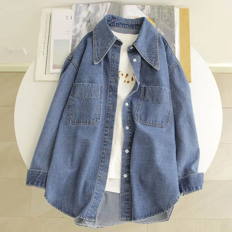 

Shirts for Women Polo-neck Korean Style Oversized Denim Blouse Solid Long Sleeve Pocket Casual Loose Single Breasted Women Tops