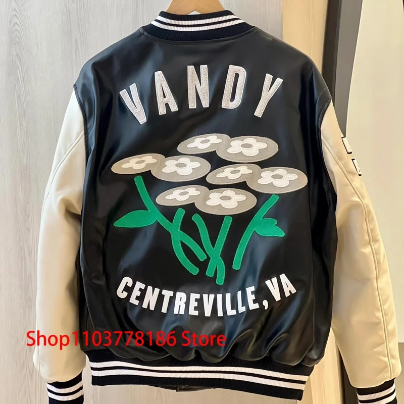 American Vandy The Pink Baseball Uniform Classic Flowers Embroidery Splice Color Leather Jacket Winter Cardigan Coat Unisex