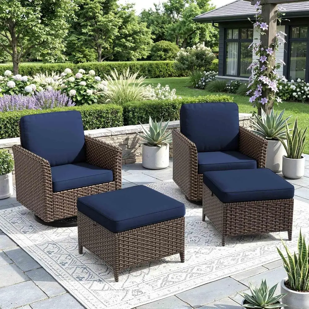 

4-Piece Outdoor Patio Furniture Set: 2 High Back Swivel Chairs with Ottomans, All-Weather Wicker, Waterproof Cushions for Deck o