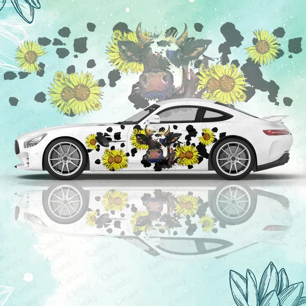 Sunflower Cow Print Car Body Sticker Itasha Vinyl Side Decal Body Wrap Cover  Auto Accessories Decoration Protective Film Gift