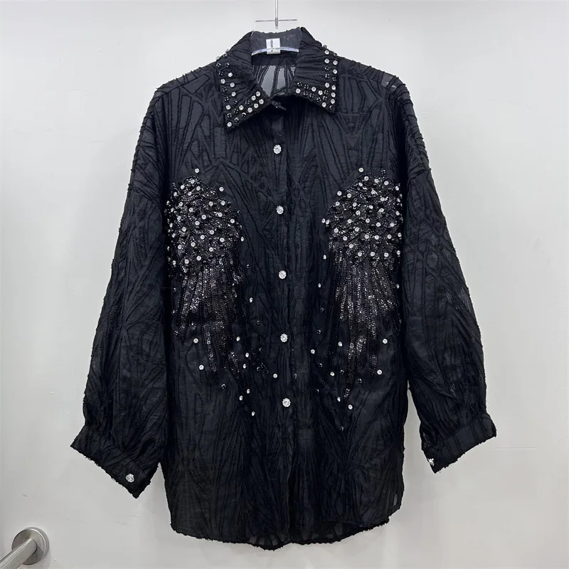 New Spring Summer Loose Women Cardigans Top Diamonds Wings Beads Long Sleeve Shirt All-match Turn-down Collar Female Blouses