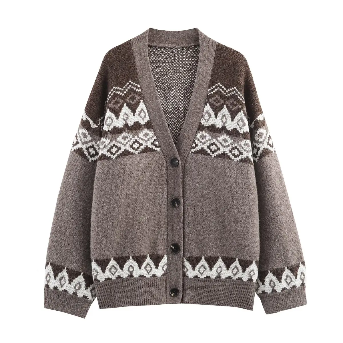 2025, neue Damenbekleidung, europäischer und amerikanischer Stil, modische Jacquard-Strickjacke mit V-Ausschnitt, gebürstetem Farbeffekt