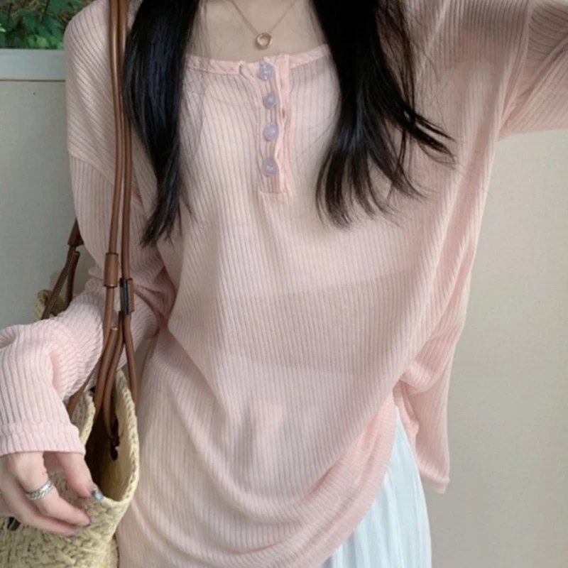 Pink Long Sleeve Knitted Sun-protective Shirts Women Summer Thin Backless Blouse Loose Simple Female Blouse Streetwear