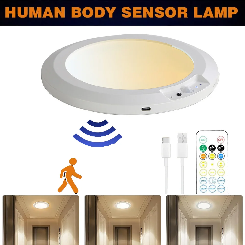 

USB Rechargeable PIR Motion Sensor Ceiling Light CCT 3Colors Dimmable Lamp Remote Control Timer For Entrance Balcony Corridor