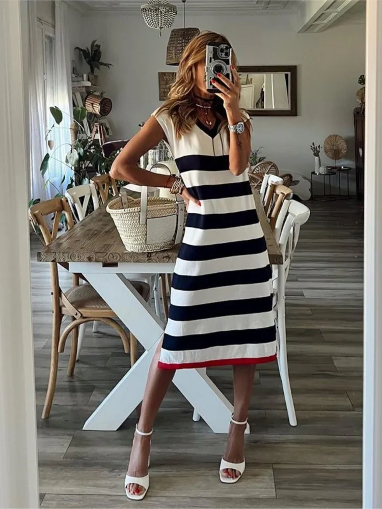 

Summer Elegant Striped Printing Sleeveless Party Dresses Office Lady V Neck Hem Slit Shirt Dress Casual Women Loose Midi Dress