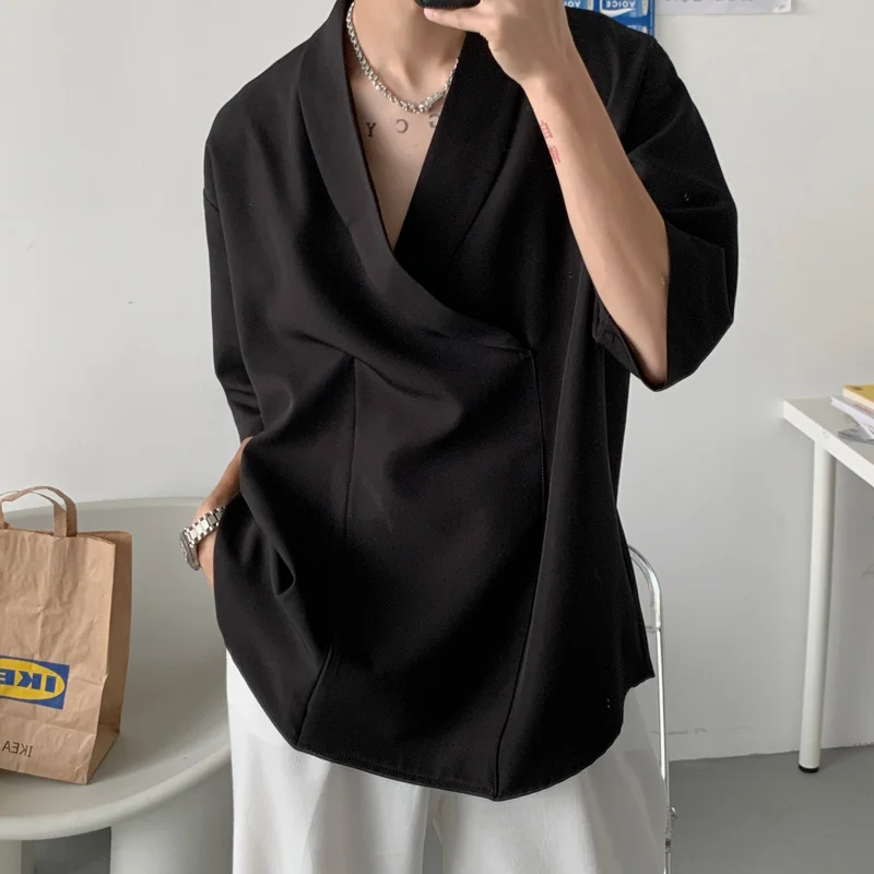 Pulôver de grande tamanho masculino, camisa de manga curta, vestido casual, preto e branco, moda coreana, verão, M-2XL