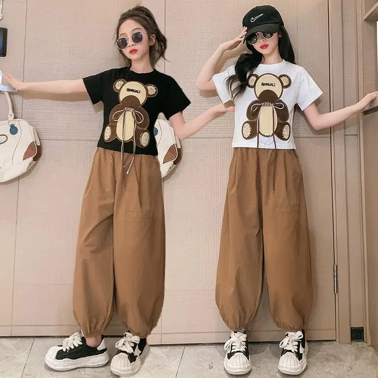 2024 autumn Kids tracksuit Children set Girls Clothes bear crop top loose T-Shirt + ankle-tie Pants Teens 5 6 7 10 11 12 year