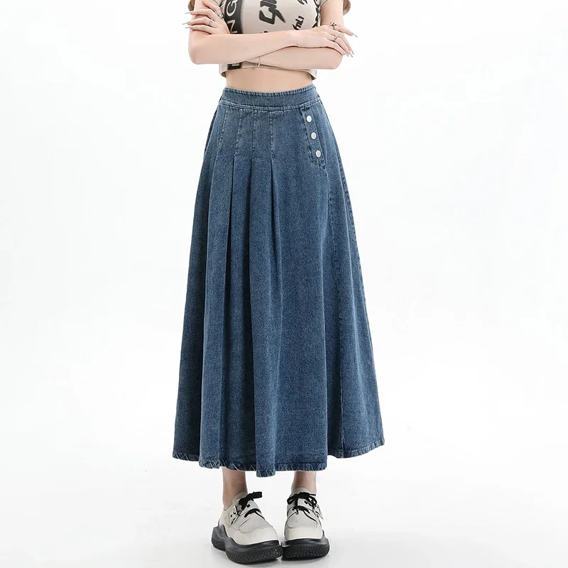 

2025 Retro Long Light Blue Pleated Denim Skirt for Women's Loose Casual Button Elastic High Waist A-line Mid-length Half Skirts