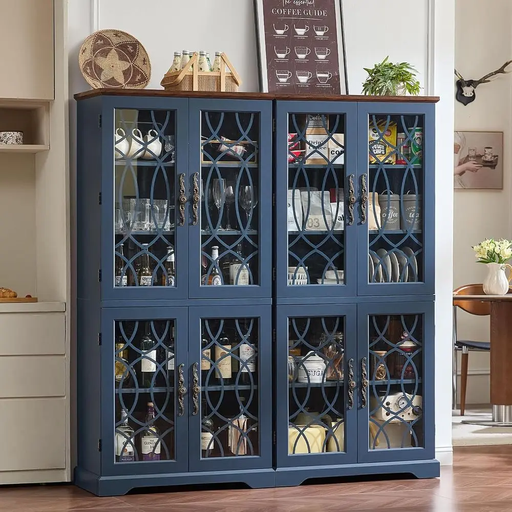 

Vintage 67 Tall Double Kitchen Pantry Cabinet with Glass Doors and Adjustable Shelves in Navy Blue