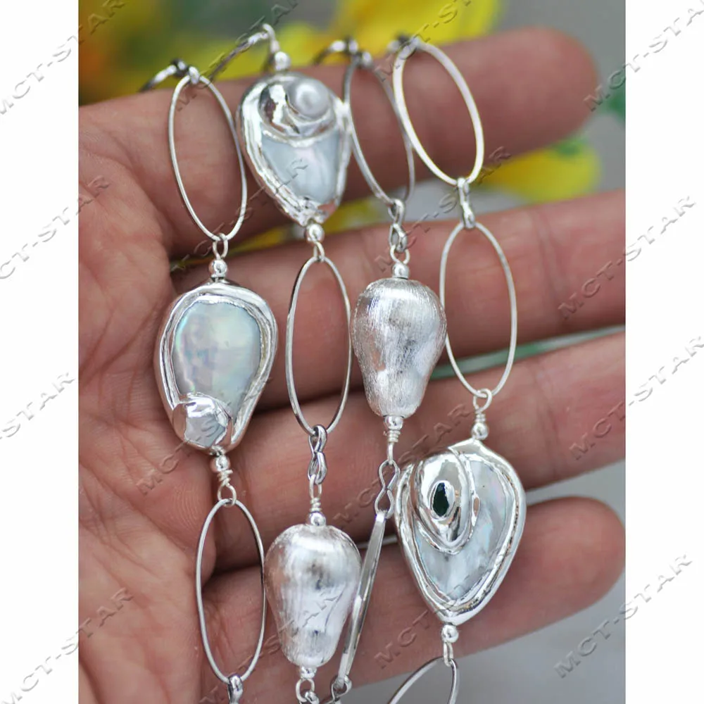 Z14158 52'' 20mm White Teardrop Coin Pearl Silver Gourd Chain Necklace