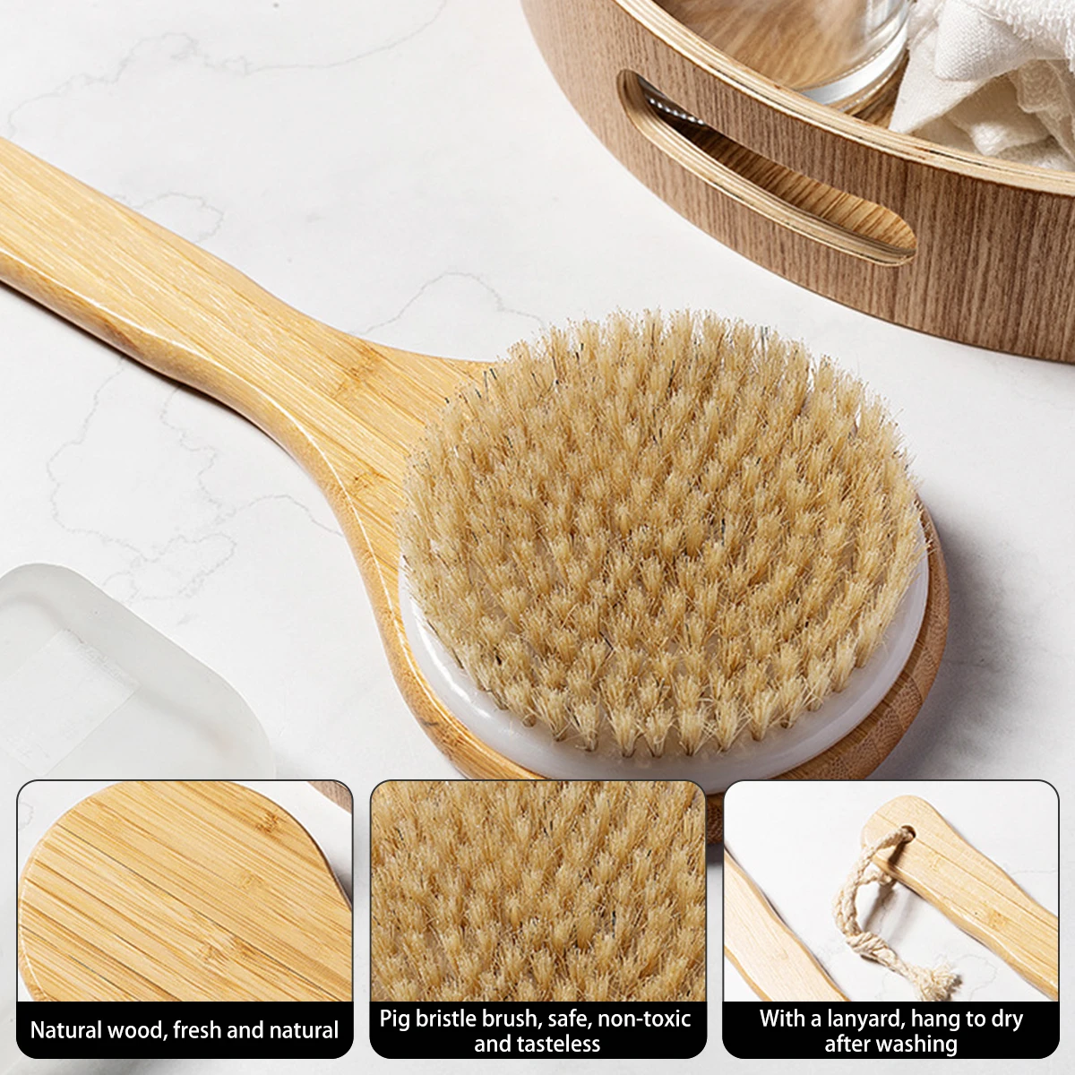 Natural Bristle Long Handle Bath Brush Soft Hair Bath Brush Bathroom Body Brushes Mud Back Scrubber Shower Massage Brush