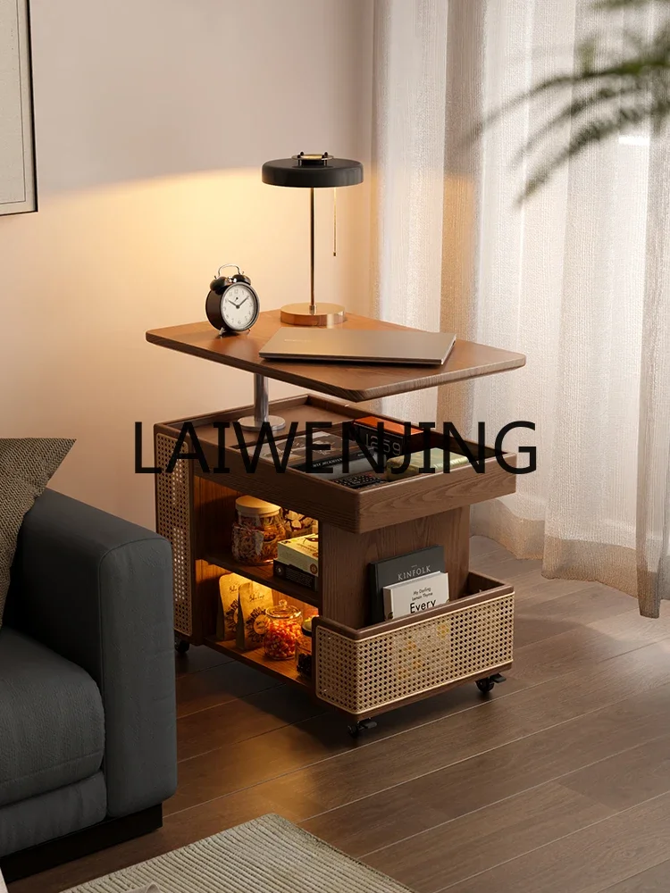 Solid Wood Lifting Tea Table with Wheels Household Rotating Living Room Sofa Side Cabinet Movable Trolley Side Table